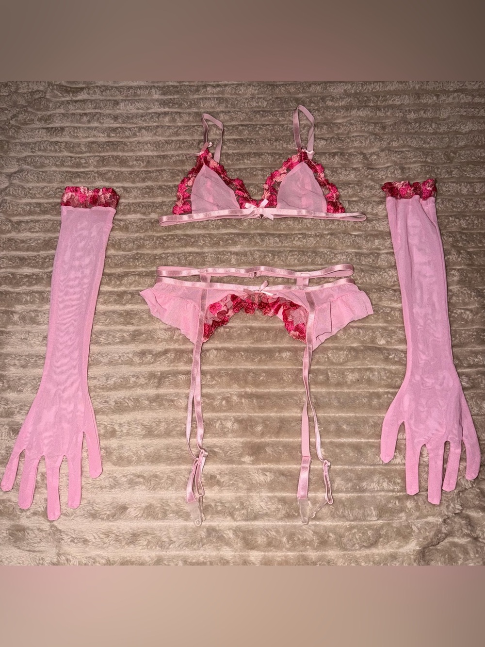 Pink Floral Lace Bralette & Garter Set